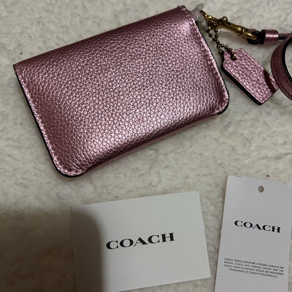 COACH Metallic Pebbled Leather Pink Card Pouch - Picture 3 of 5
